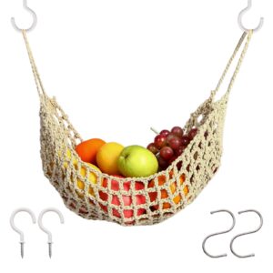 Fruit Hammock for Kitchen Under Cabinet - Large Macrame Fruit Hammock for Kitchen Décor - Storage That Saves Counter For More Counter Space at Home, Boat, or Rv,with 4 Hooks.(nature)