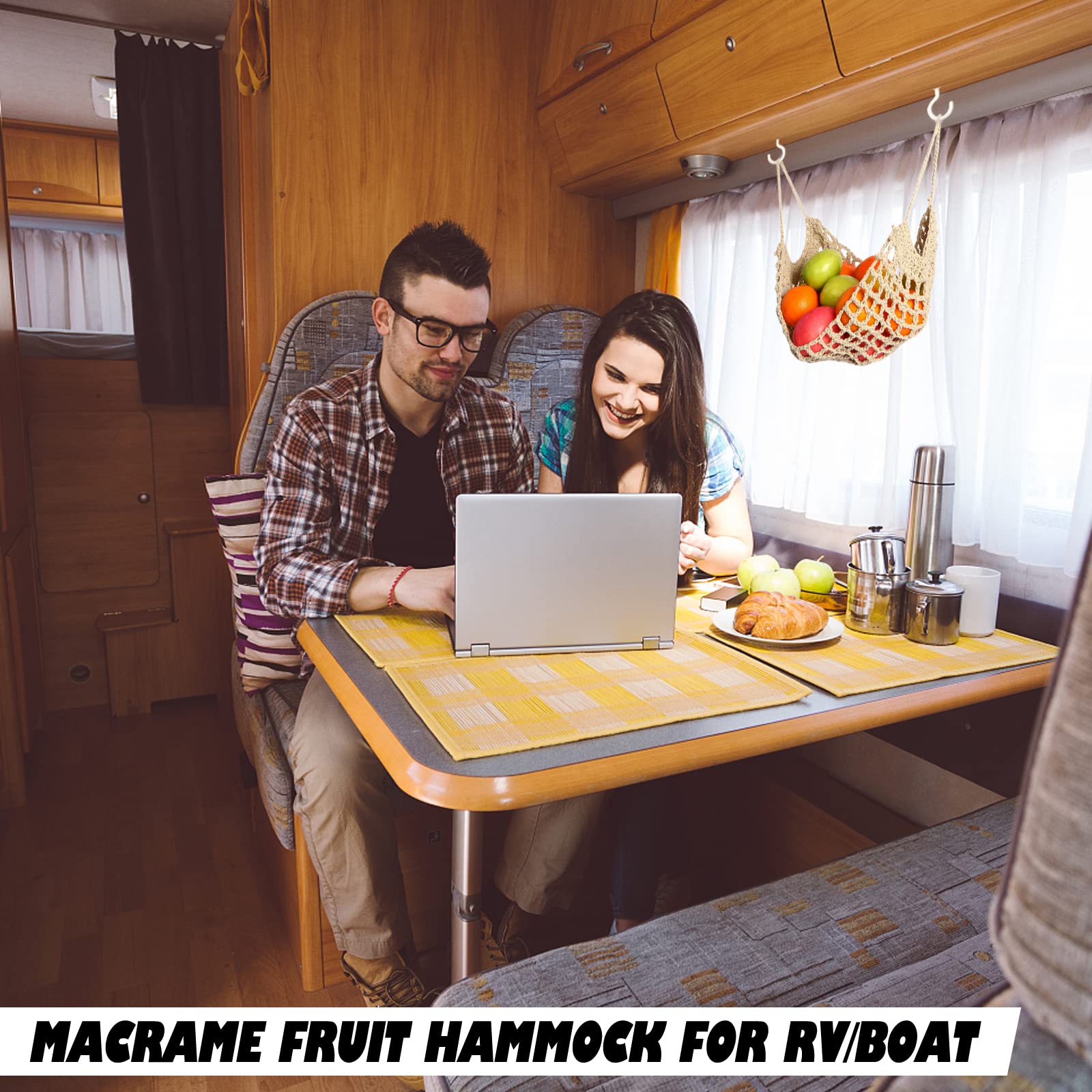 Fruit Hammock for Kitchen Under Cabinet - Large Macrame Fruit Hammock for Kitchen Décor - Storage That Saves Counter For More Counter Space at Home, Boat, or Rv,with 4 Hooks.(nature)