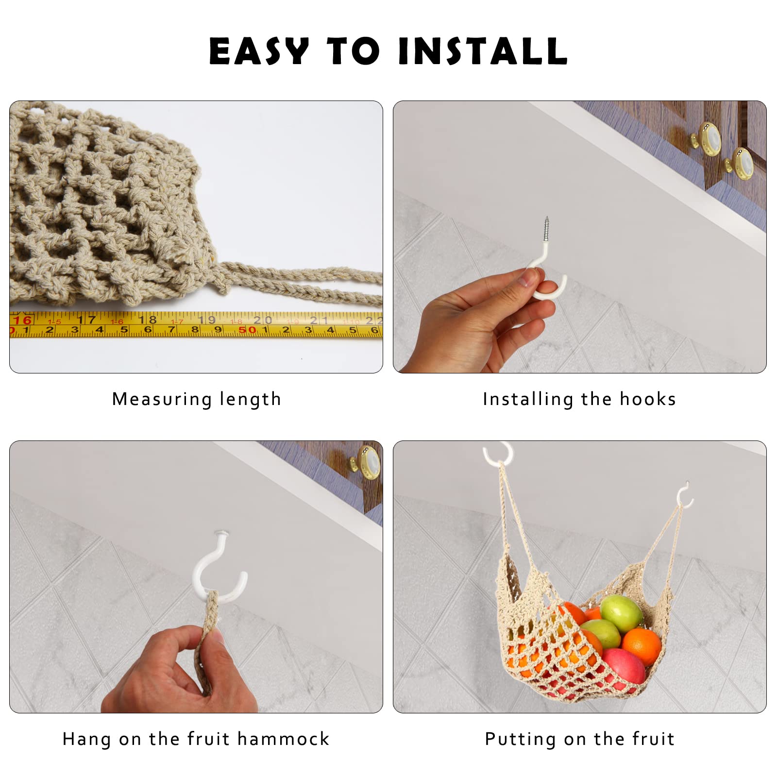 Fruit Hammock for Kitchen Under Cabinet - Large Macrame Fruit Hammock for Kitchen Décor - Storage That Saves Counter For More Counter Space at Home, Boat, or Rv,with 4 Hooks.(nature)