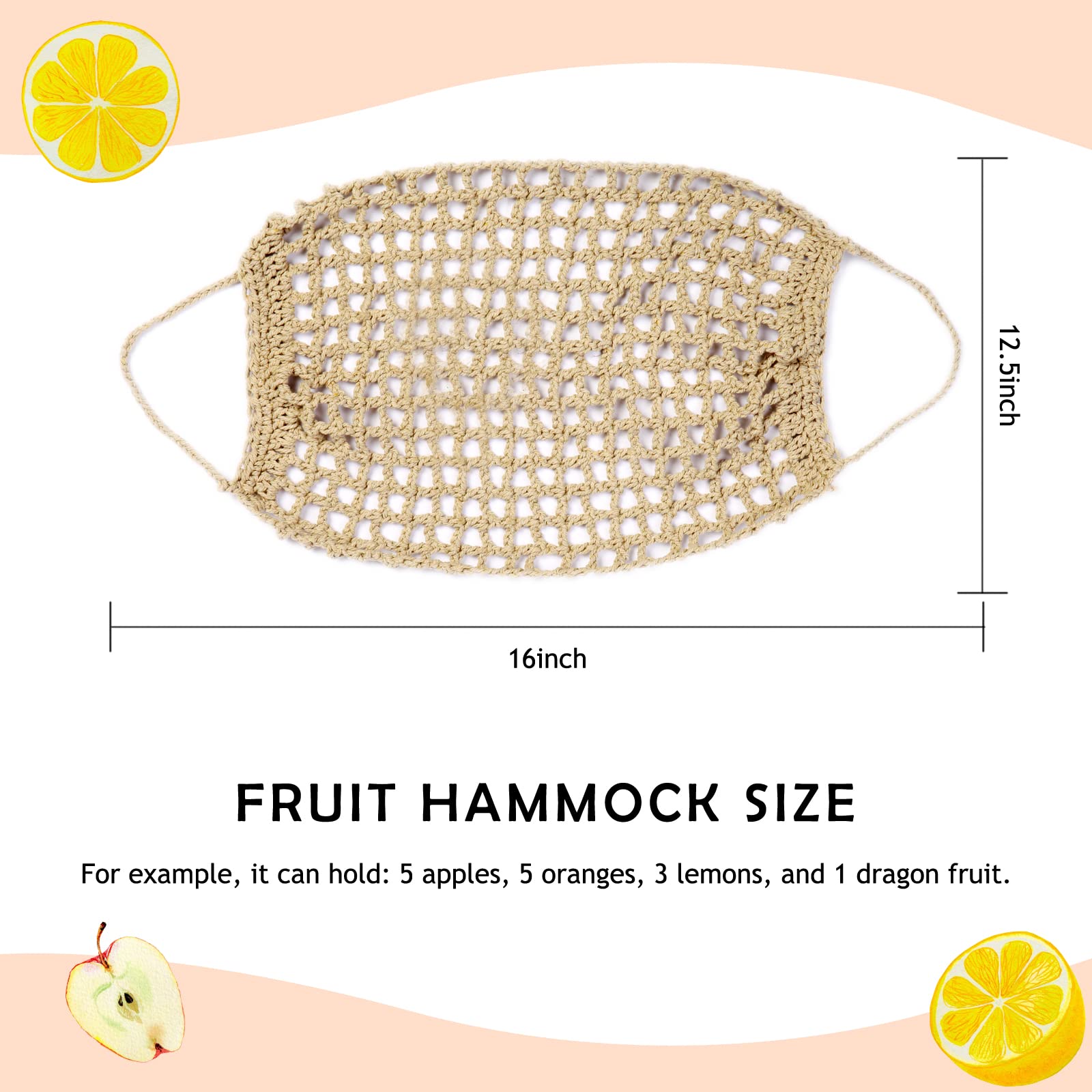 Fruit Hammock for Kitchen Under Cabinet - Large Macrame Fruit Hammock for Kitchen Décor - Storage That Saves Counter For More Counter Space at Home, Boat, or Rv,with 4 Hooks.(nature)