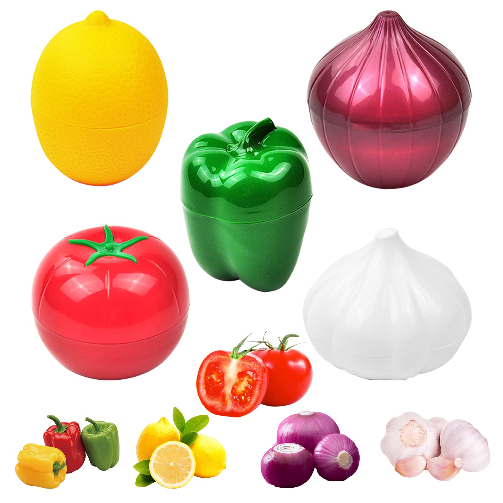 Lichma 5pcs Plastic Vegetable Storage Box Lemon Onion Tomato Green Pepper and Garlic Insurance Container Fruit Food Fresh-Keeping Reusable (5pcs)