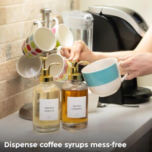 Spaceneat Coffee Syrup Dispenser for Coffee Bar - Coffee Syrup Pump Dispenser - Coffee Syrup Bottles for Coffee Bar Accessories with Coffee Syrup Labels - Glass Syrup Dispenser Bottle - Gold, 2-Pack