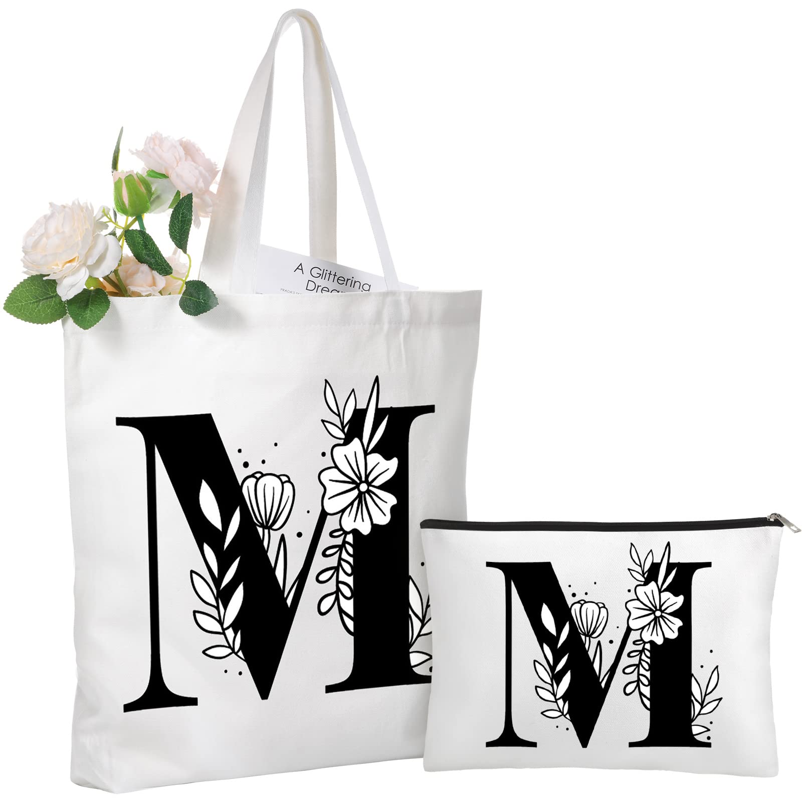 Reginary Monogrammed Initial Tote Bags Personalized Gift for Women Makeup Bag for Wedding Bridesmaid Birthday(Letter M)