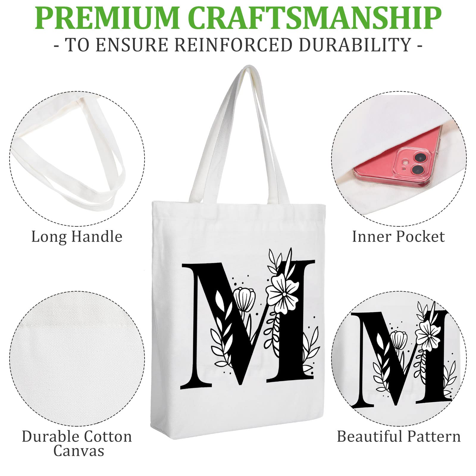 Reginary Monogrammed Initial Tote Bags Personalized Gift for Women Makeup Bag for Wedding Bridesmaid Birthday(Letter M)