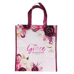 christian art gifts reusable shopping tote bag | his grace is enough 2 corinthians 12:9 bible verse | inspirational durable floral pink tote bag for groceries, books, supplies