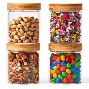 ezoware set of 4 glass food jars with airtight natural bamboo lids, 20 fl oz kitchen clear canister storage container set for storing candy, cookie, rice, sugar, flour, spices, nuts, coffee, pasta