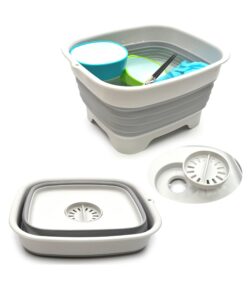 sammart 9.1l (2.4gallon) collapsible dishpan with draining plug - foldable washing basin - portable dish washing tub - space saving kitchen storage tray (1, grey)