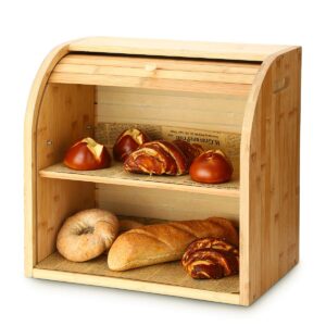 g.a homefavor bread box, 2 layer bamboo bread boxes for kitchen food storage, large capacity bread keeper roll top with removable layer, 15" x 9.8" x 14.2", 15 mm thickness (self-assembly)