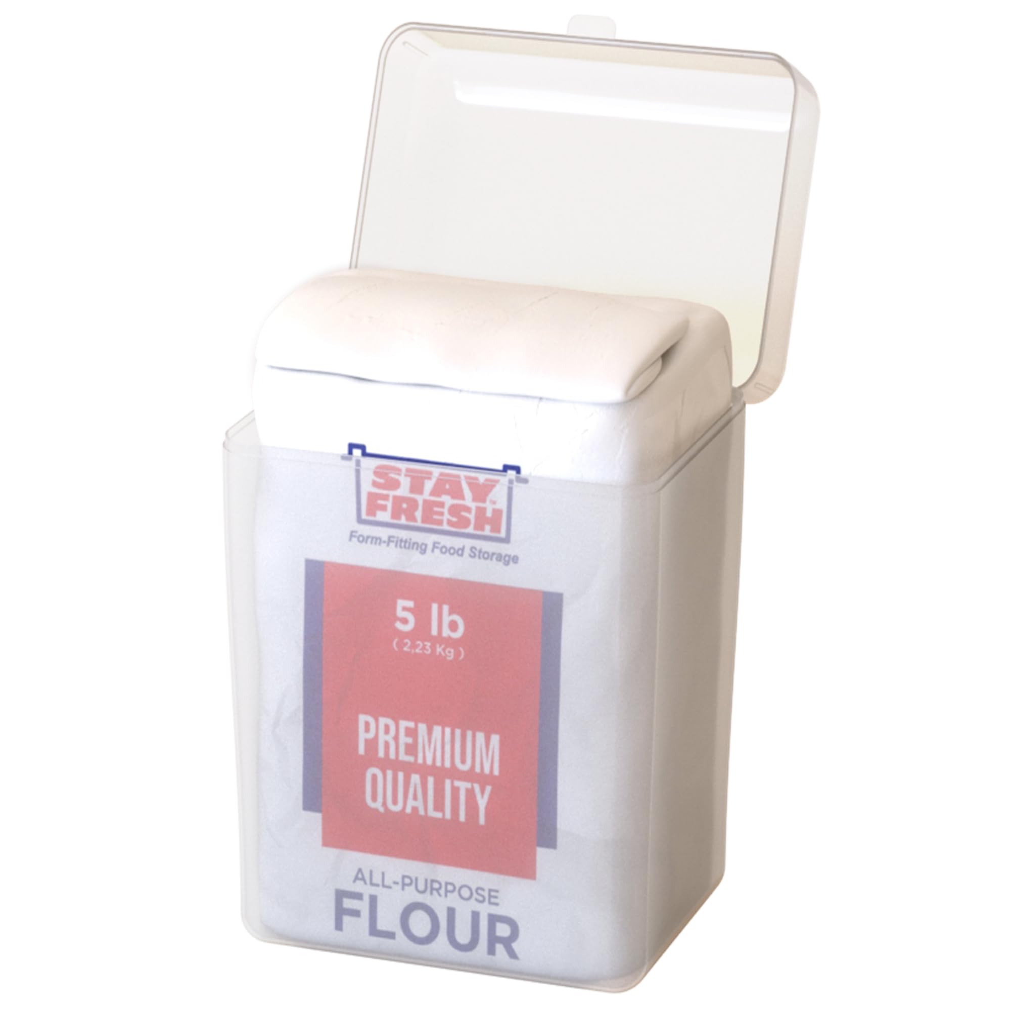 Stay Fresh Clear Flour Storage Container - Plastic Flour Canister for Kitchen Pantry, Baking Needs - Holds 5LB Bag of Flour - Large Form-Fitting Food Keeper Bin - Flour Holder