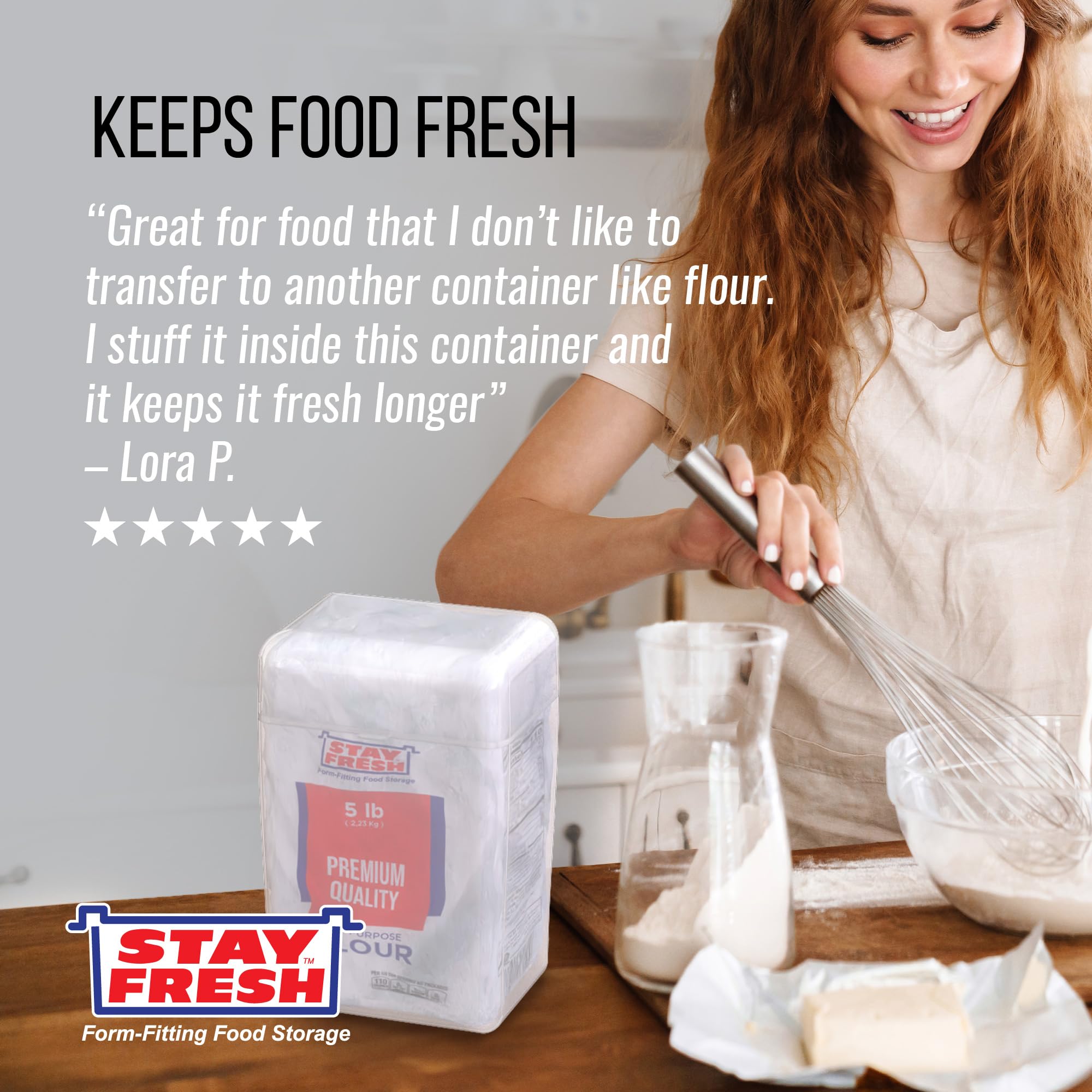 Stay Fresh Clear Flour Storage Container - Plastic Flour Canister for Kitchen Pantry, Baking Needs - Holds 5LB Bag of Flour - Large Form-Fitting Food Keeper Bin - Flour Holder