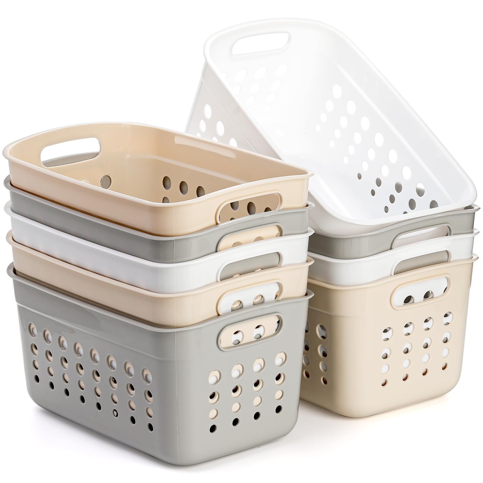 DEAYOU 9 Pack Plastic Storage Basket, Small Pantry Organizer Basket Bins, Rectangular Storage Tray Basket Container with Handle for Shelf, Household, Desktop (Beige, White, Gray)