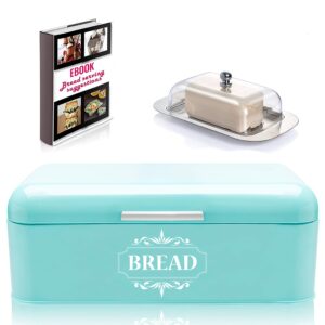 allgreen vintage bread box container for kitchen counter decor stainless steel metal bread bin retro turquoise for dry food storage including free butter dish & serving ebook store bread loaf.