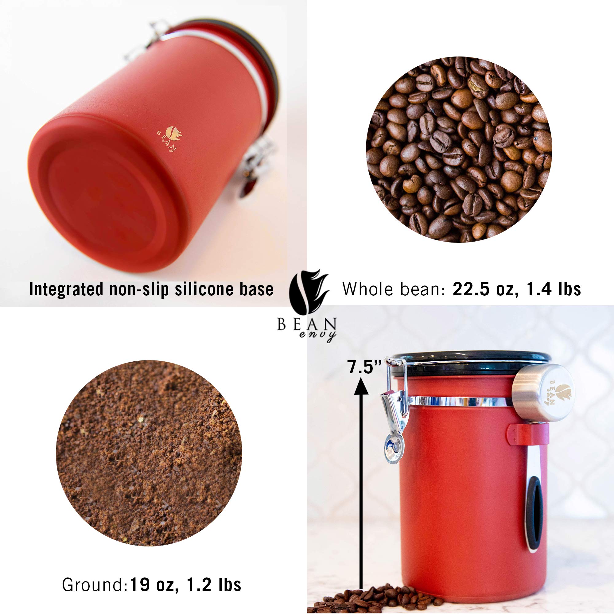 Bean Envy Coffee Canister - 22.5 oz Coffee Storage Container and Organizer w/Stainless Steel Scoop, Date Tracker & Co2-Release Valve - Essential Coffee Accessories, Red