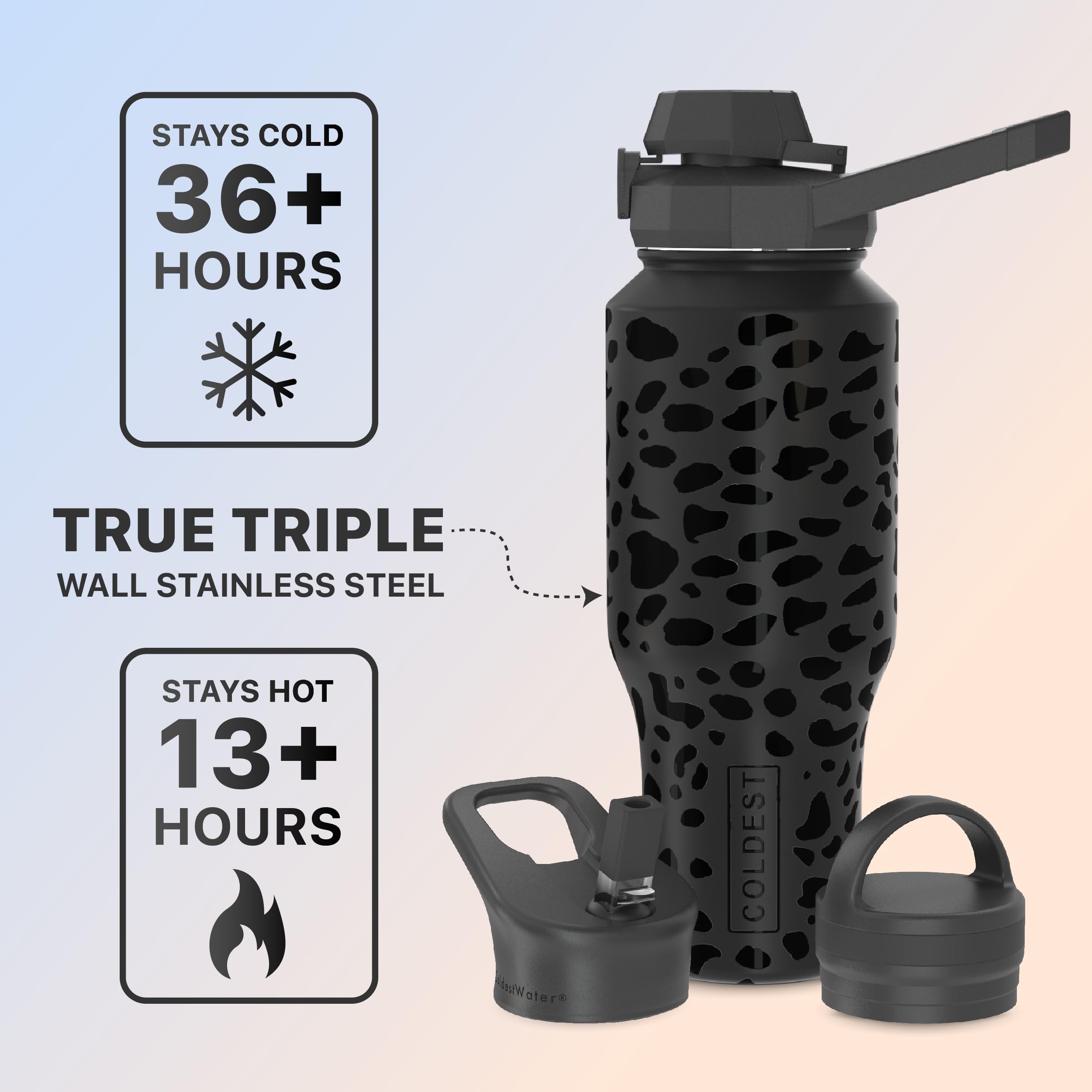 COLDEST Sports Water Bottle - 3 Lids (Chug Lid, Straw Lid, Handle Lid) Tumbler with Handle on Lid Water Bottles Cup Vacuum Insulated Stainless Steel, Fits Cirkul Lid (36 oz, Black Leopard)