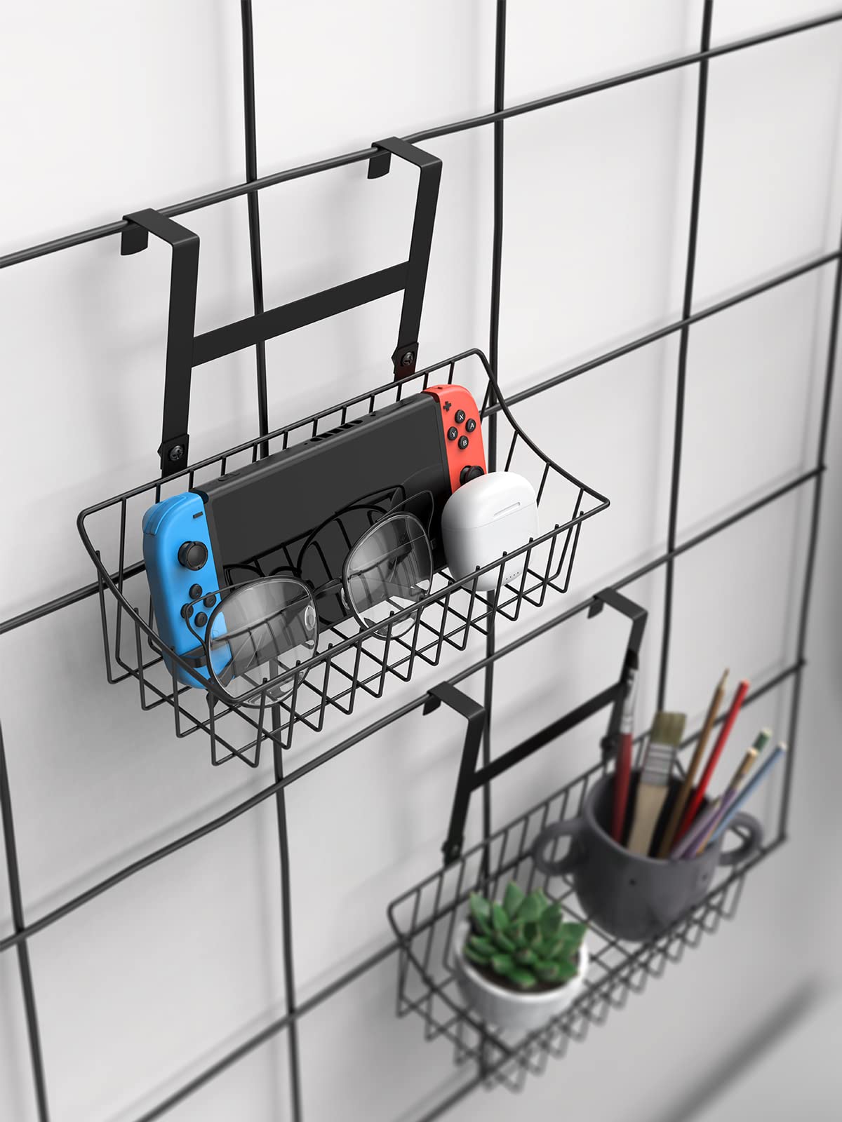 MaraFansie Grid Storage Basket, Over the Cabinet Door Organizer, Wire Hanging Basket with Hook Over the Cabinet/Railing, Under Sink Kitchen Cabinet, Pantry, Bathroom, Small, Black, 2 Pack
