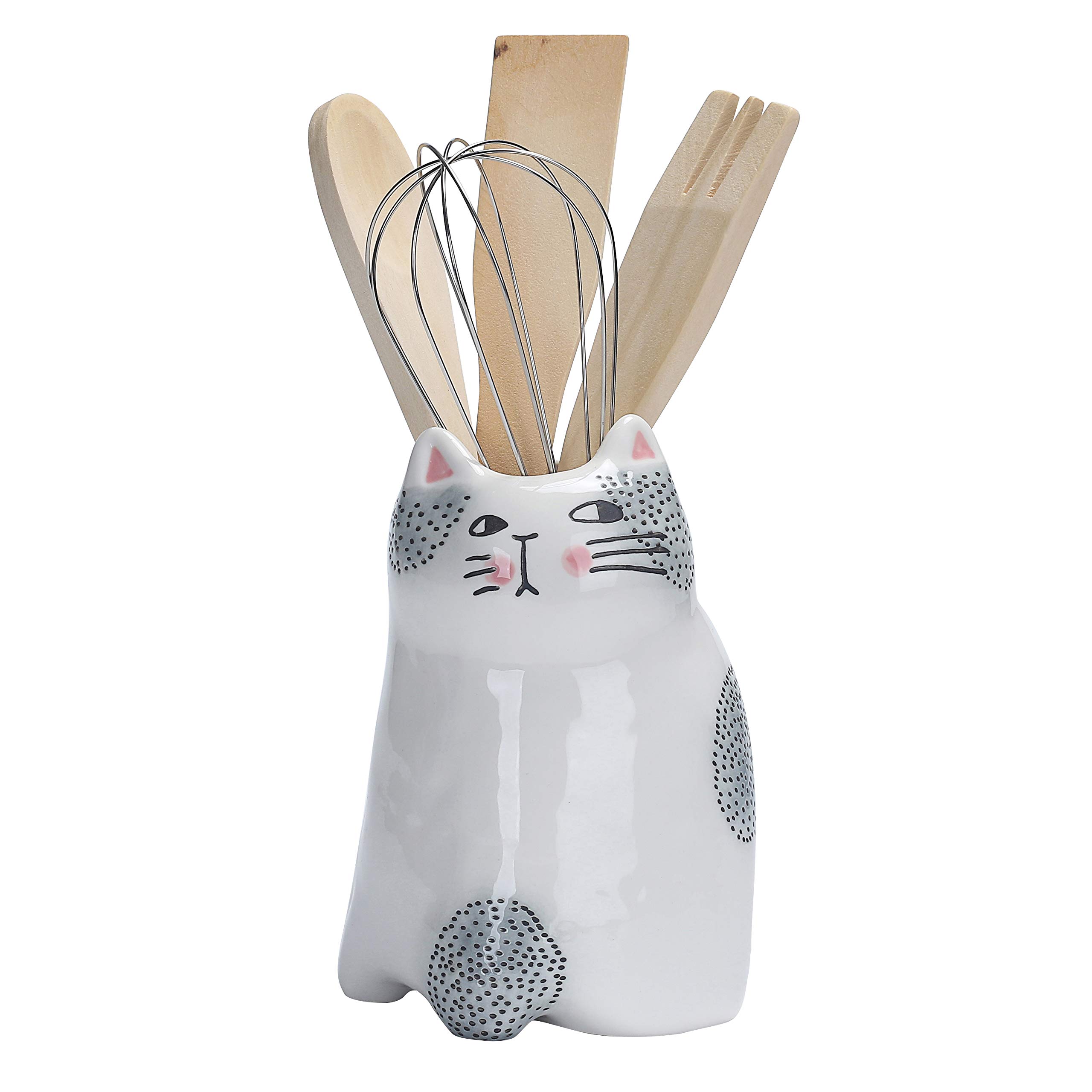 Bico Cartoon Cat Utensil Holder, Handpainted Stoneware, Dishwasher Safe