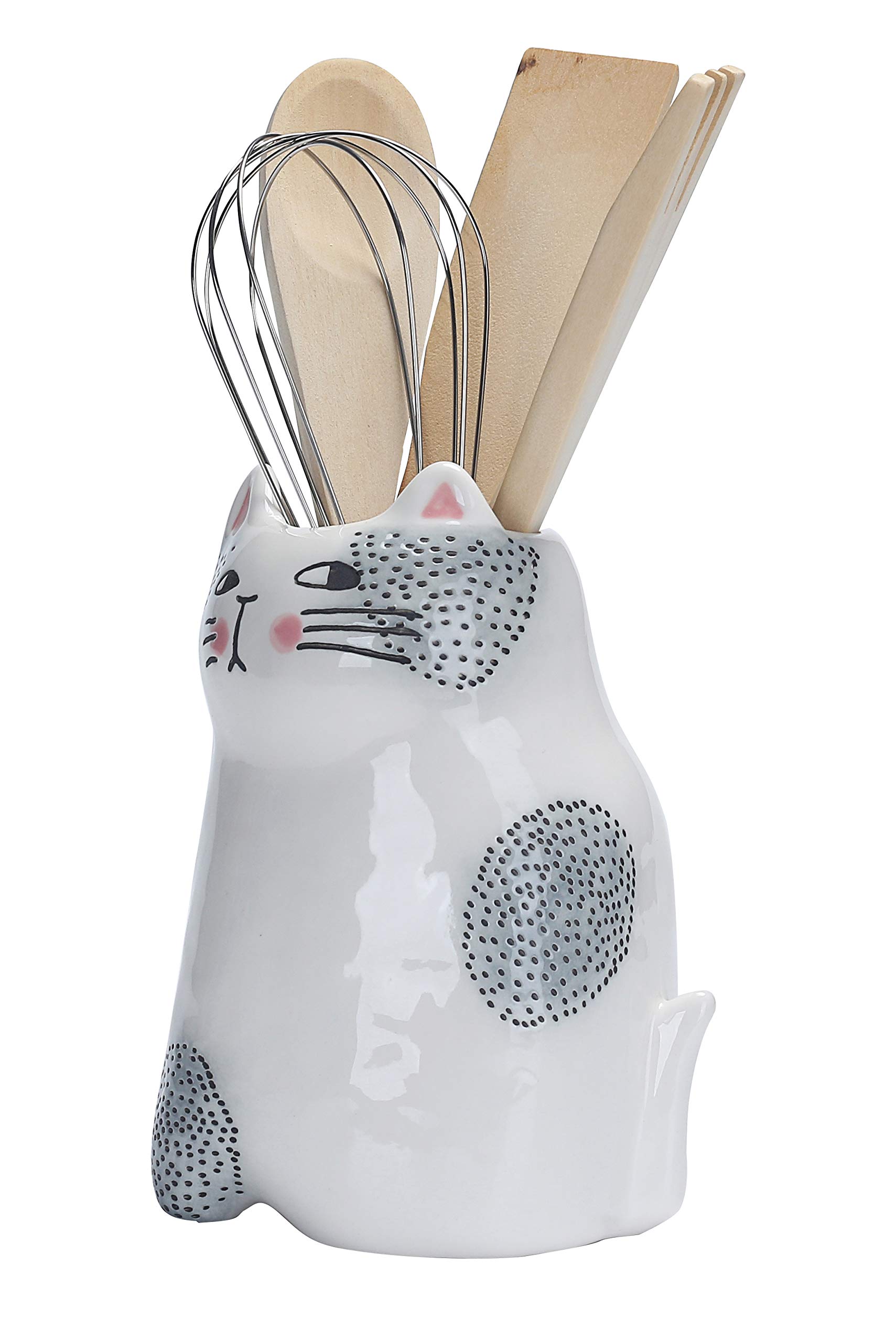 Bico Cartoon Cat Utensil Holder, Handpainted Stoneware, Dishwasher Safe