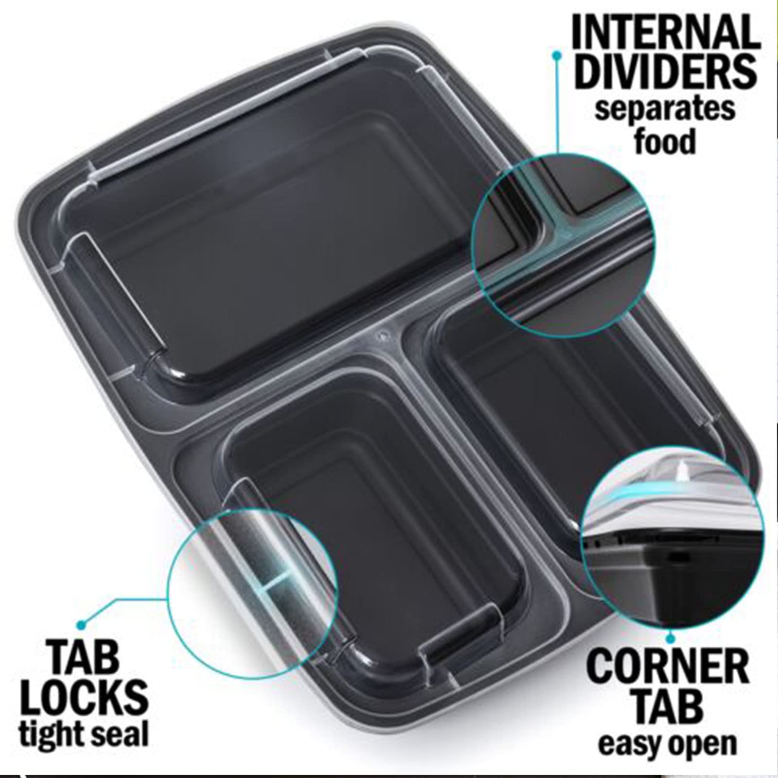 MORDEN MS Meal Prep Container With Lids, 50 Pack 3 Compartment Reusable Food Storage Container Divided Plastic Bento Lunch Box To-go Boxes(33oz)