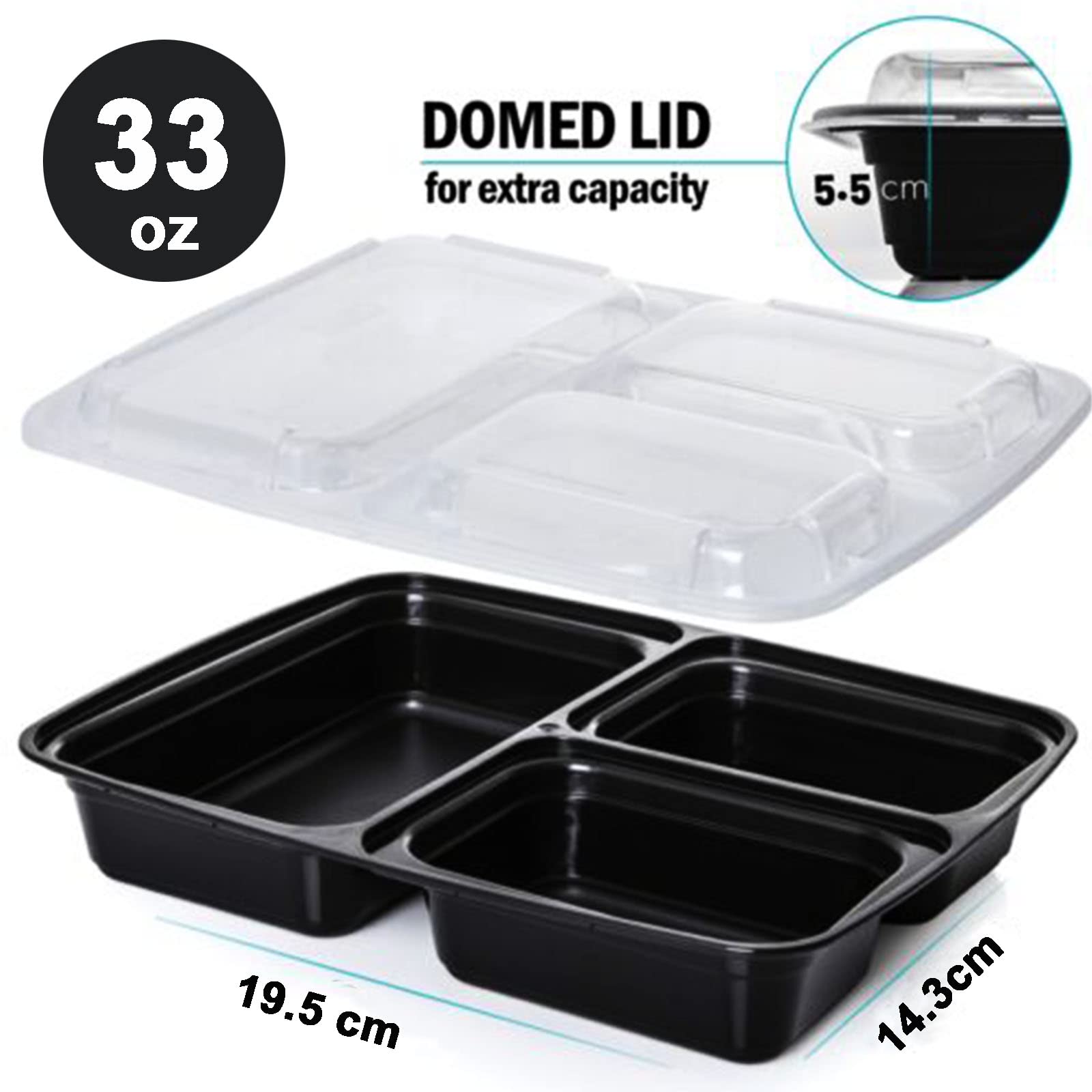 MORDEN MS Meal Prep Container With Lids, 50 Pack 3 Compartment Reusable Food Storage Container Divided Plastic Bento Lunch Box To-go Boxes(33oz)