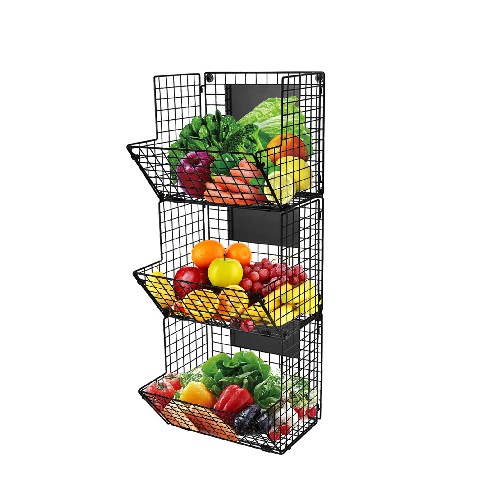 3-Tier Wall Mounted Storage Basket Foldable Organizer, Hanging Metal Wire Basket with Chalkboards, Kitchen Fruit Produce Pantry Bathroom Laundry Organization Office Garage Storage, Black