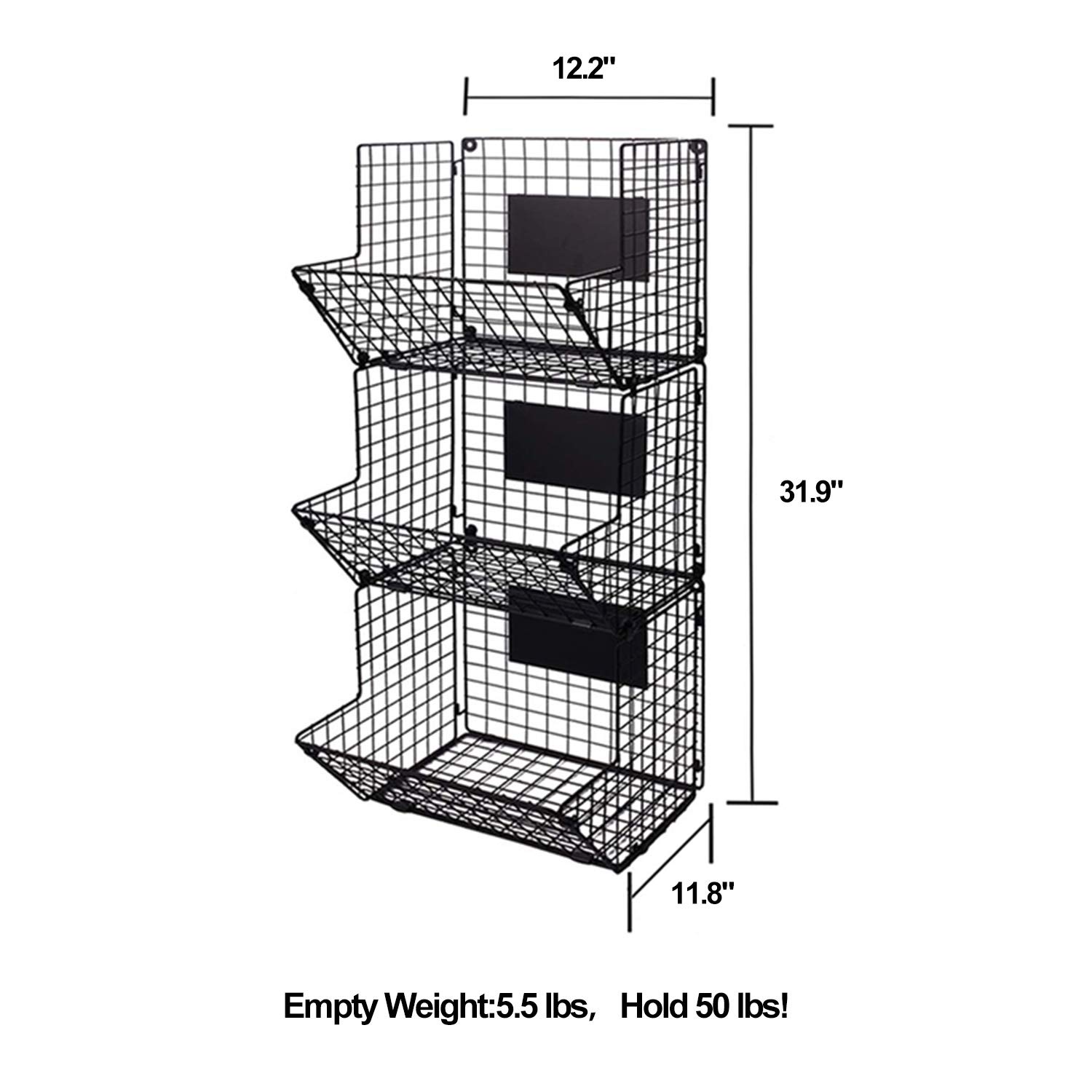 3-Tier Wall Mounted Storage Basket Foldable Organizer, Hanging Metal Wire Basket with Chalkboards, Kitchen Fruit Produce Pantry Bathroom Laundry Organization Office Garage Storage, Black