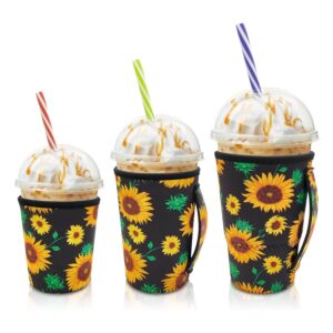 ajltpa iced coffee sleeve insulator sleeves for cold drinks beverages, 3 pack reusable neoprene cup sleeve with handle for 16-32oz coffee cups（black sunflower）