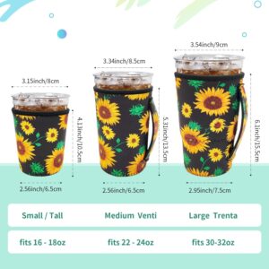 AJLTPA Iced Coffee Sleeve Insulator Sleeves for Cold Drinks Beverages, 3 Pack Reusable Neoprene Cup Sleeve with Handle for 16-32oz Coffee cups（Black Sunflower）