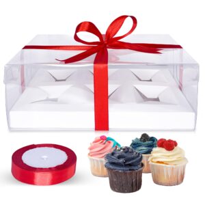 c.w.b sweets (6 pack x 6 sets) cupcake box, holds 36 total cupcakes, transparent white cupcake boxes, clear disposable cupcake container, 6 cupcake holder, 6 pack with ribbon.