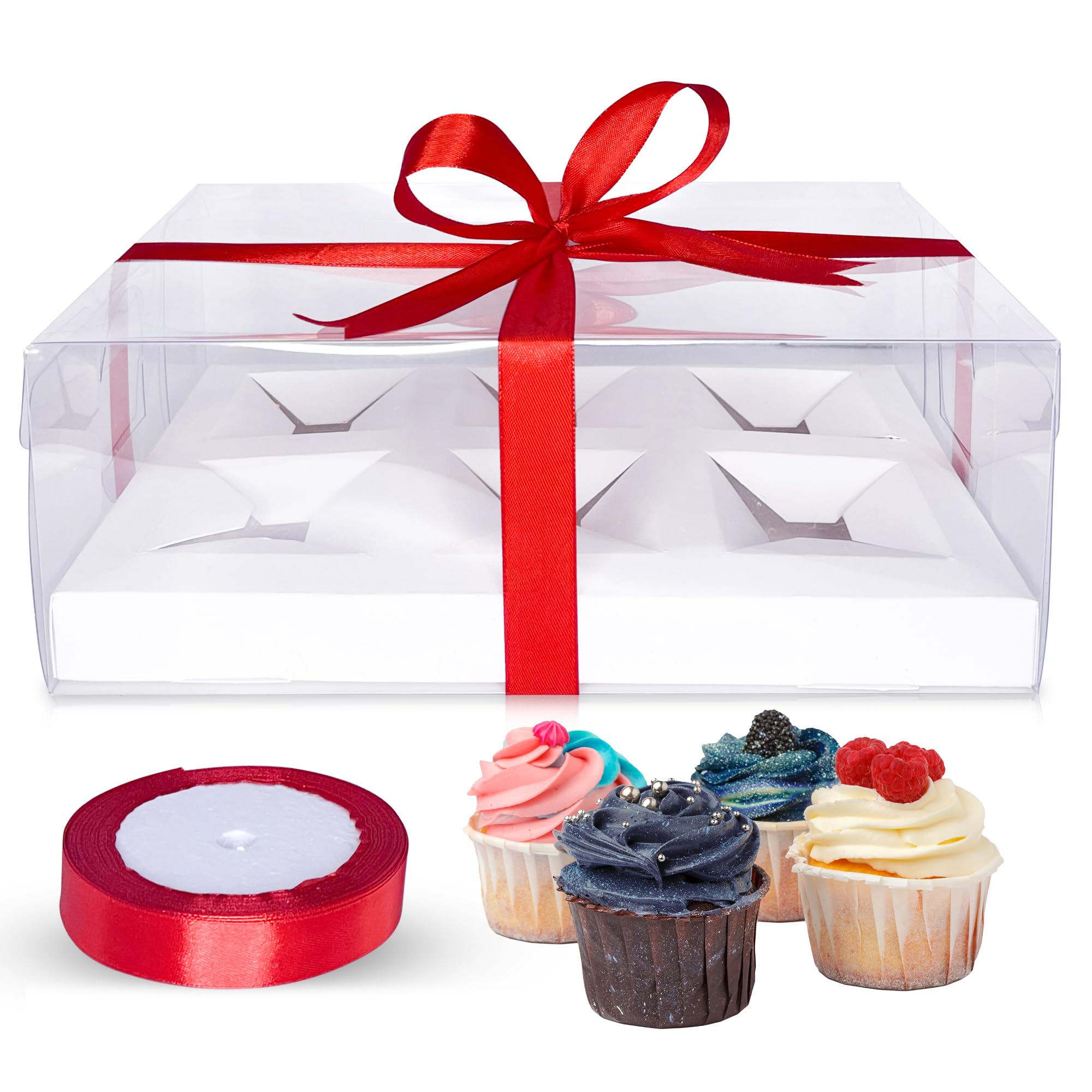 C.W.B Sweets (6 pack x 6 sets) Cupcake Box, Holds 36 total Cupcakes, Transparent White Cupcake Boxes, Clear Disposable Cupcake Container, 6 Cupcake Holder, 6 pack with Ribbon.