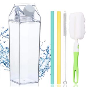 fanovo 17oz milk carton water bottle clear milk bottles transparent drinking cup reusable creative eco leakproof bottles with 2 silicone straws & 2 cleanning brushes for camping sports travel