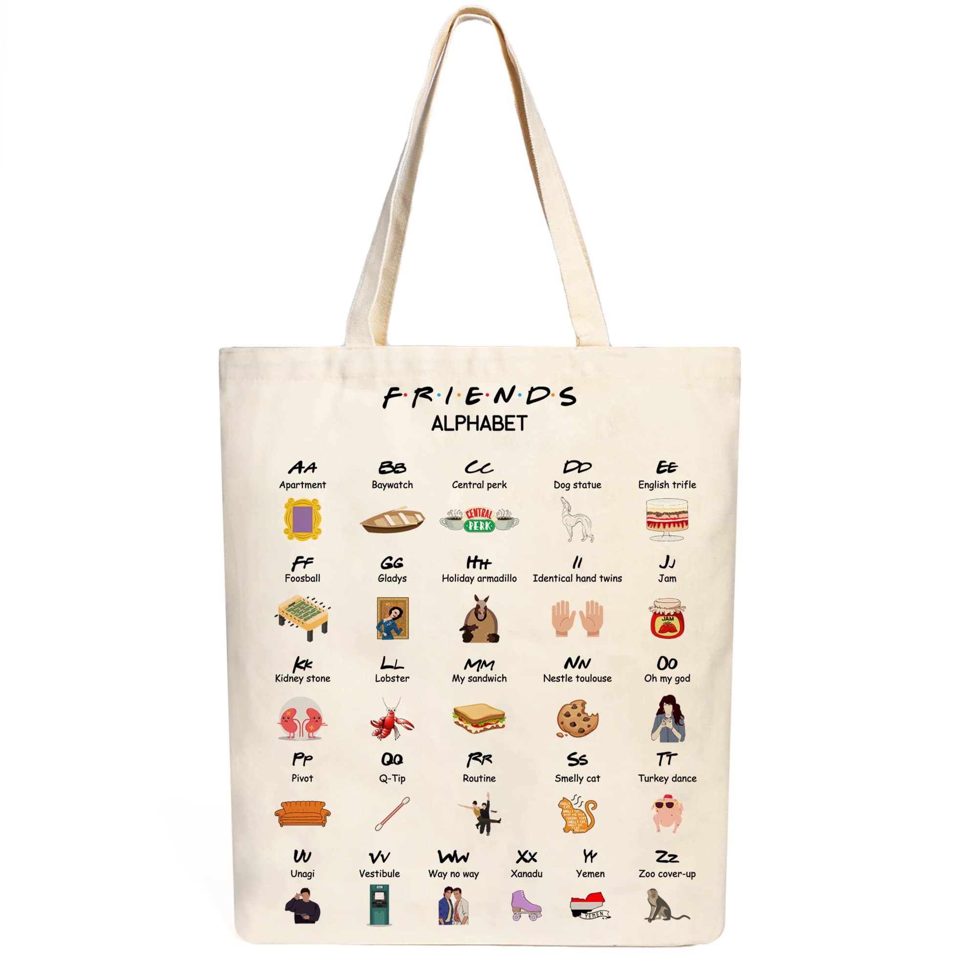 PuGez Friends Alphabet Tote Bag Friends TV Show Merchandise Friends Fans Gifts Kitchen Bag