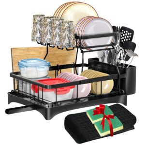 dinest dish drying rack with drainboard, large capacity 2-tier dish rack for kitchen counter organizer & storage, rust resistant metal dish rack with utensil holders & cutting board rack - black