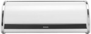 brabantia roll top bread box (fresh white) large front opening flat top bread box, fits 2 loaves, ideal for kitchen counter