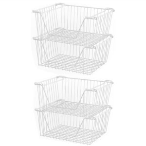 slideep 14'' large stackable storage baskets cabinet organizer sturdy metal wire pantry freezer bin for pantry home bathroom kitchen organization white - 4 pack
