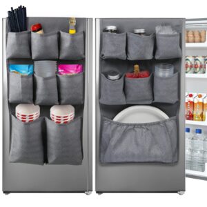 lafulling fridge dust cover top, mini fridge caddy organizer storage bag with 15 extra large fabric pockets for dorm, pantry, plate, silverware, spice, cutlery, napkins, other daily stuff
