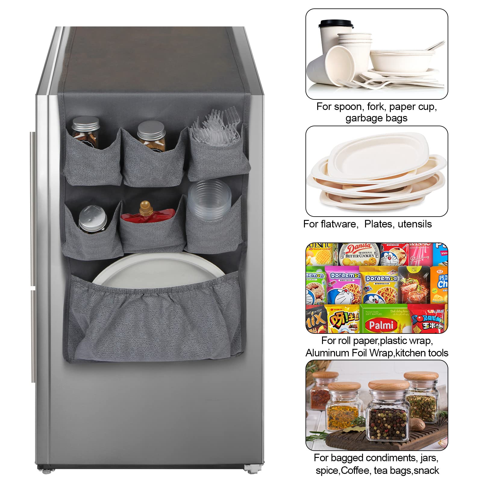 Lafulling Fridge Dust Cover Top, Mini Fridge Caddy Organizer Storage Bag with 15 Extra Large Fabric Pockets for Dorm, Pantry, Plate, Silverware, Spice, Cutlery, Napkins, Other Daily Stuff