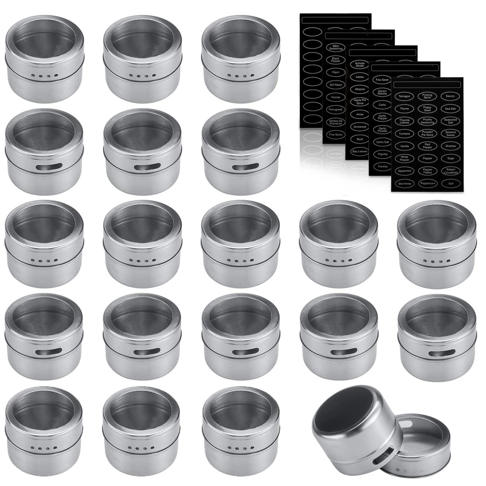 Bekith 20 Pack Stainless Steel Magnetic Spice Tins, Storage Spice Containers, Clear Top Lid with Sift and Pour, Magnetic on Refrigerator and Grill, 120 Spice Labels