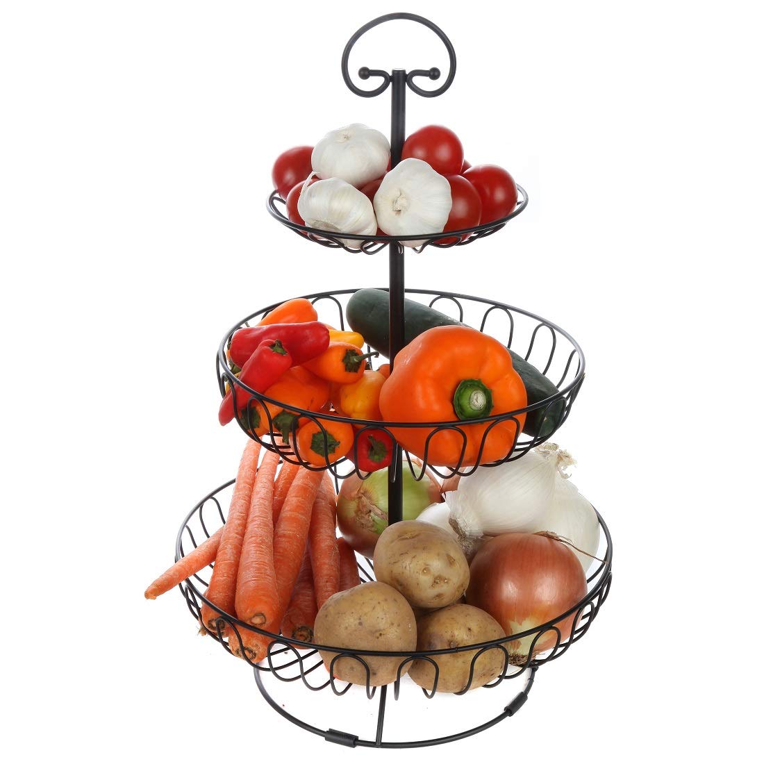 Lily's Home Wire Fruit and Vegetable Holder, 3-Tiered Fruit Basket, Kitchen Accessories - Black