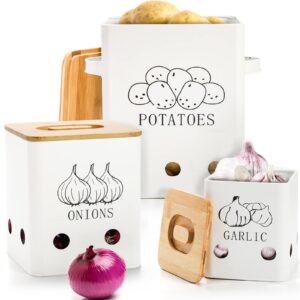 wuweot 3 pack vegetable storage tins, metal onion garlic potato jars set, kitchen canisters vegetable keeper containers with aerating holes and wooden lid