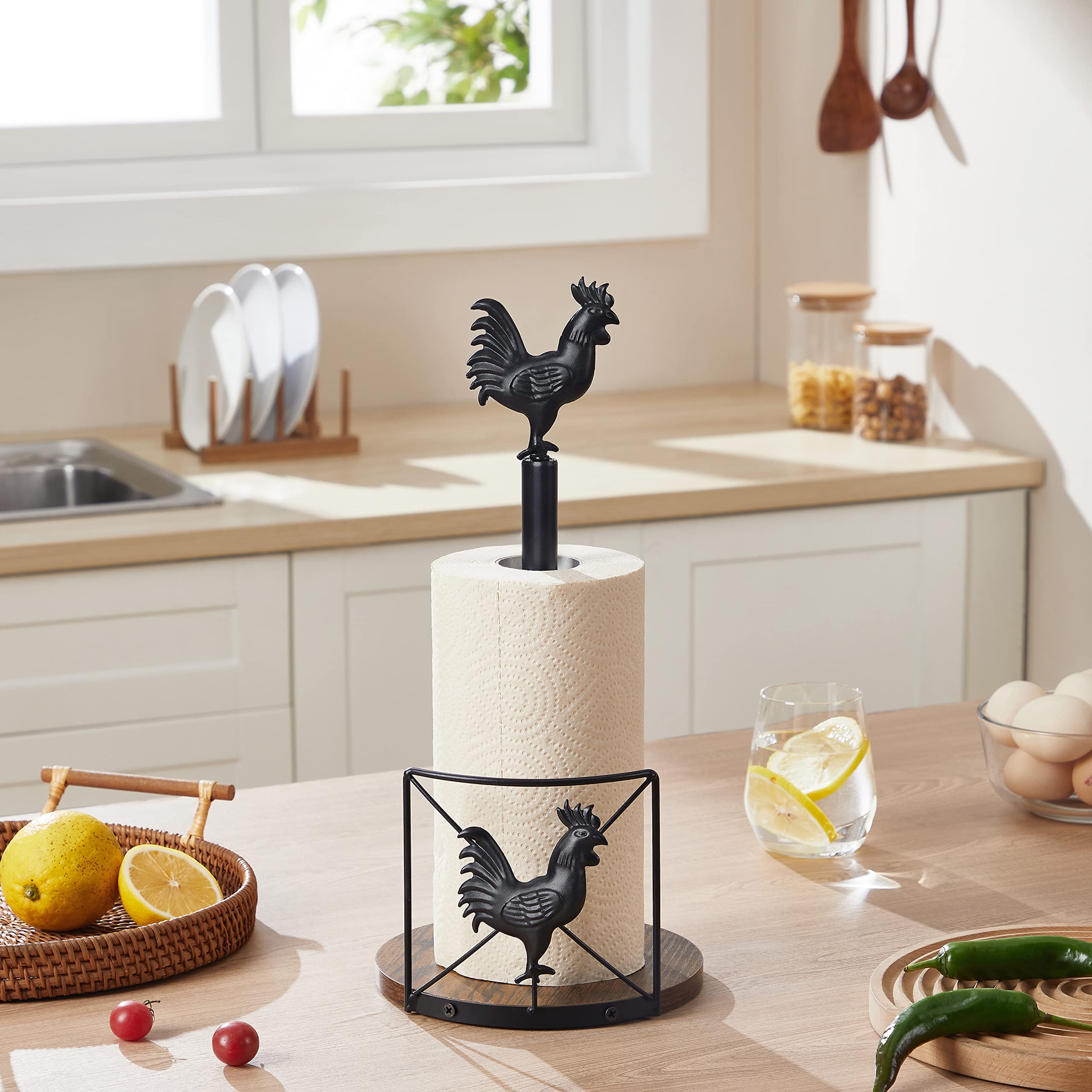 JOIN IRON Rooster Desktop Tissue Holder for Kitchen Roll Organize,Paper Towel Holder Black Kitchen Roll Holder, One-Handed Operation Countertop Roll Dispenser with Weighted Base,