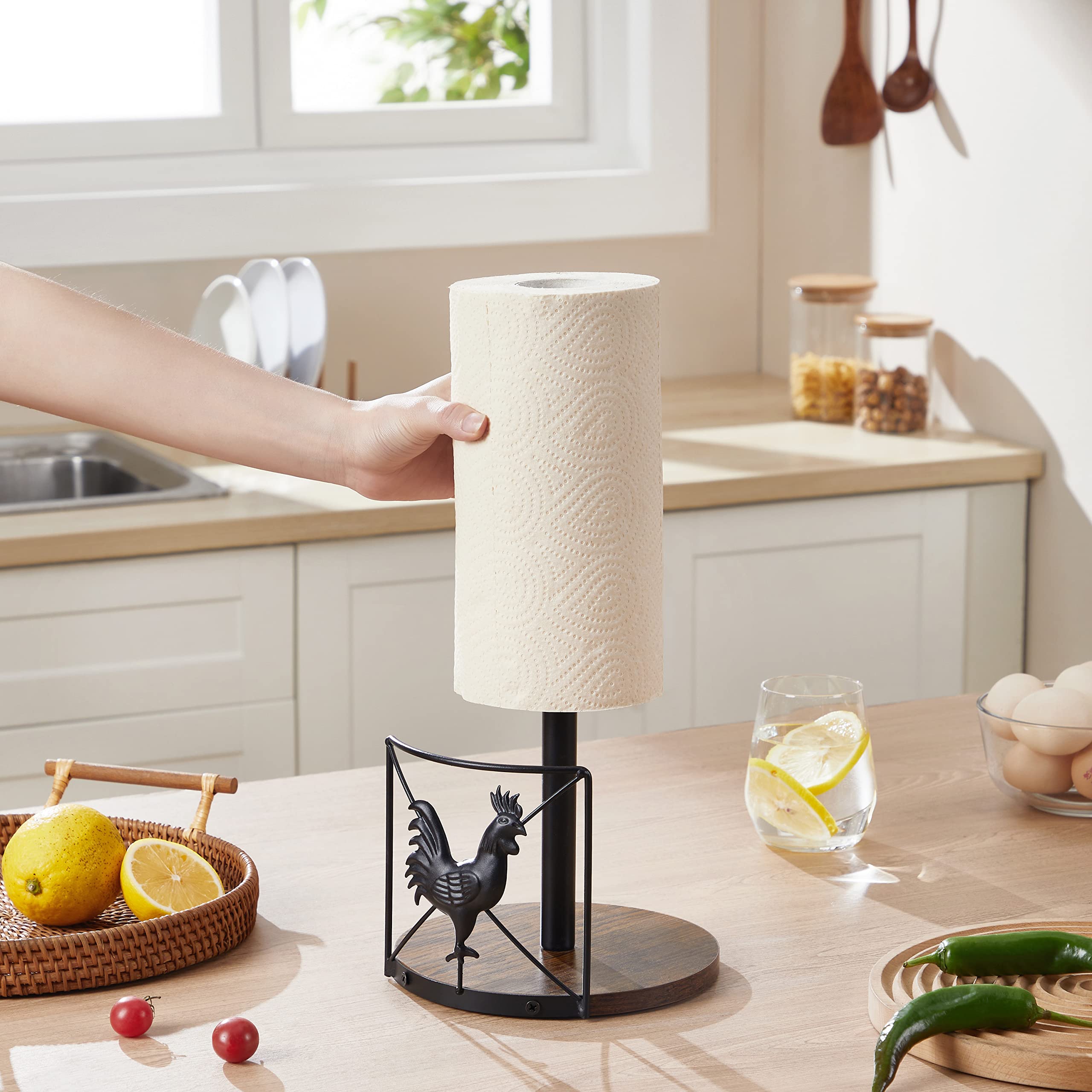 JOIN IRON Rooster Desktop Tissue Holder for Kitchen Roll Organize,Paper Towel Holder Black Kitchen Roll Holder, One-Handed Operation Countertop Roll Dispenser with Weighted Base,