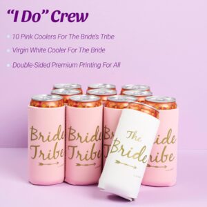 Bride Tribe Bachelorette Party Premium Skinny Can Sleeves - Insulated Neoprene Drink Holders, Fit Slim Spiked Hard Seltzer Beer Cans for Decorations, Supplies, Favors (Pink)