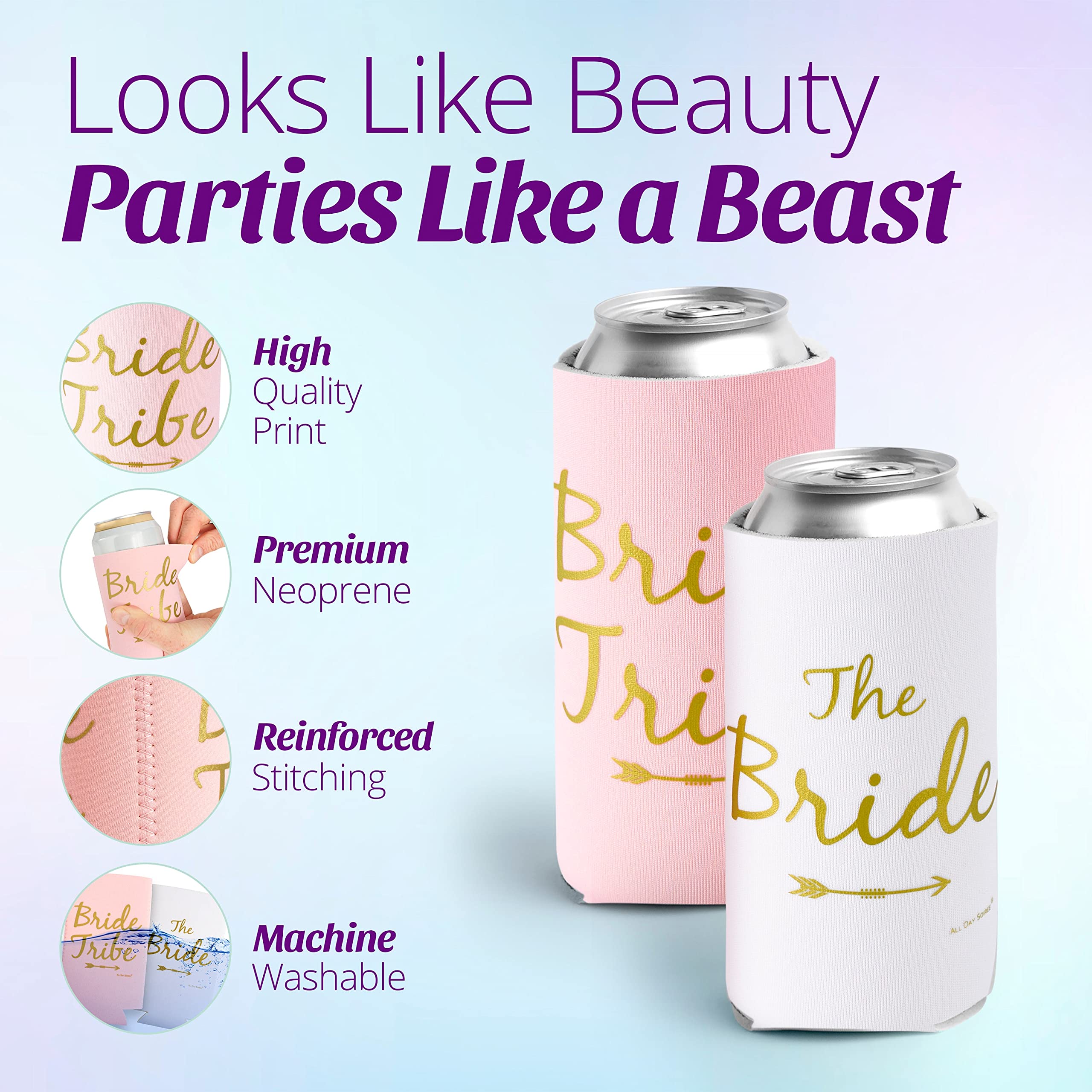 Bride Tribe Bachelorette Party Premium Skinny Can Sleeves - Insulated Neoprene Drink Holders, Fit Slim Spiked Hard Seltzer Beer Cans for Decorations, Supplies, Favors (Pink)