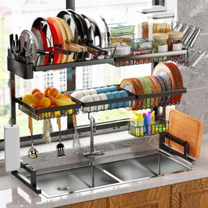 over sink dish drying rack (expandable height/length) snap-on design large dish drainer stainless steel storage counter organizer (31-39.5l x 12w x 34-38h (inches))