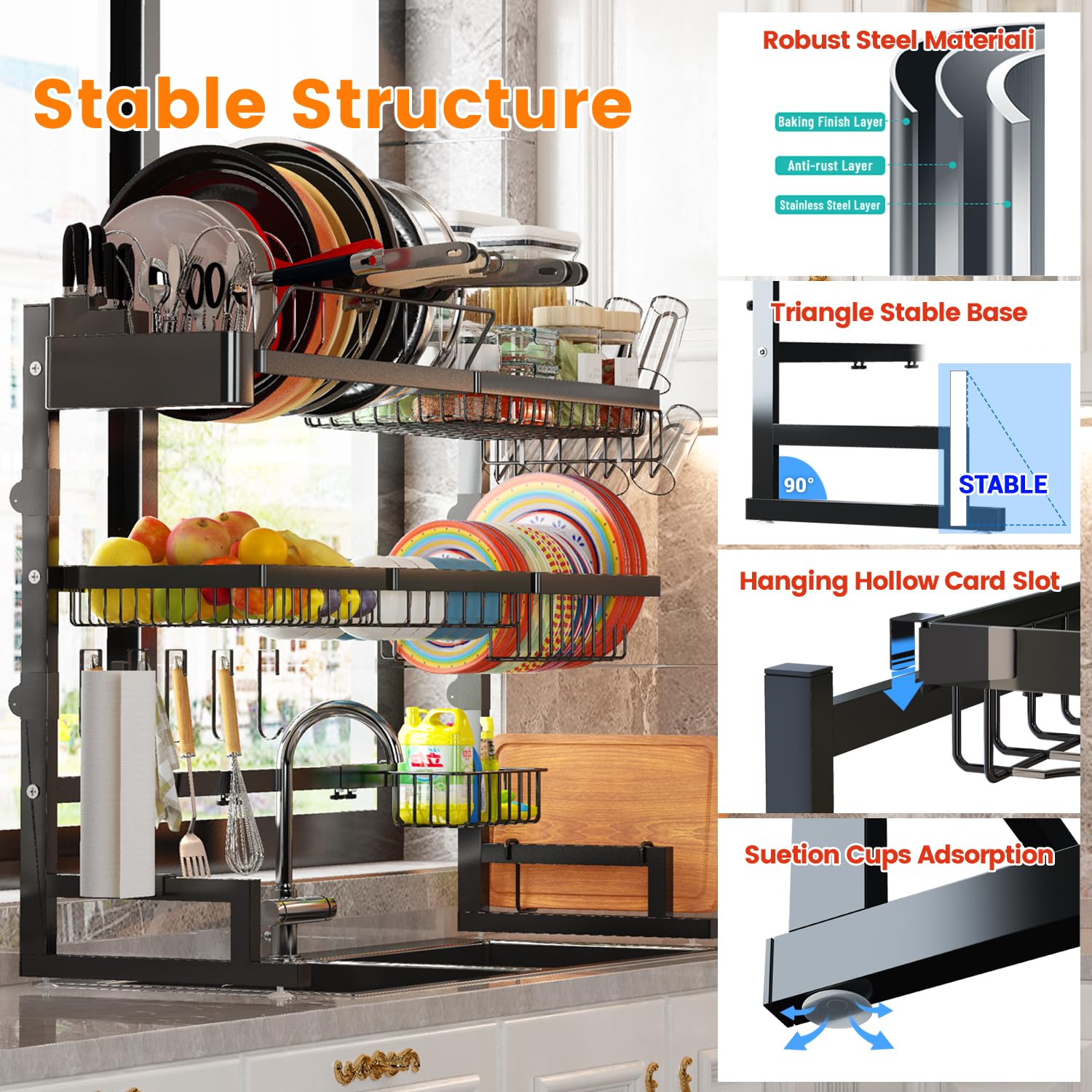 Over Sink Dish Drying Rack (Expandable Height/Length) Snap-On Design Large Dish Drainer Stainless Steel Storage Counter Organizer (31-39.5L x 12W x 34-38H (inches))