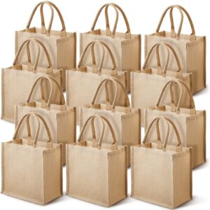 12 pcs burlap jute tote bags with handles laminated interior reusable blank bridesmaid gift bags grocery beach bag for shopping wedding bachelorette party embroidery diy art crafts 12 x 12 x 7.8 inch