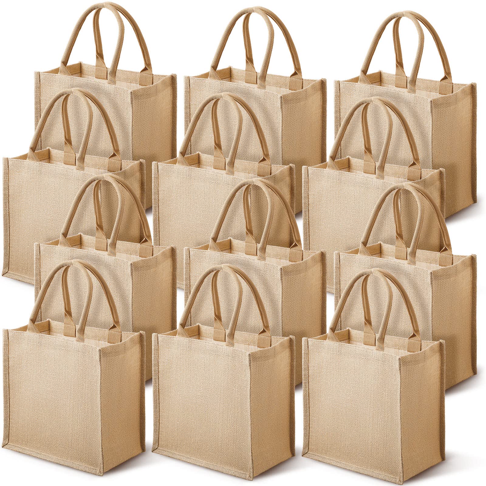 12 Pcs Burlap Jute Tote Bags with Handles Laminated Interior Reusable Blank Bridesmaid Gift Bags Grocery Beach Bag for Shopping Wedding Bachelorette Party Embroidery DIY Art Crafts 12 x 12 x 7.8 inch