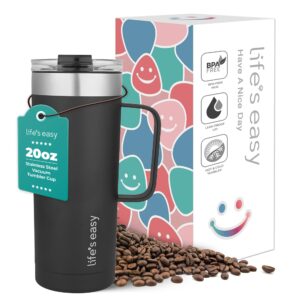 life's easy 20oz stainless steel mug w/handle - double wall insulated travel tumbler w/flip lid - leak proof tumbler - thermal cup for coffee, tea, water & more - keep hot & cold drinks (black)