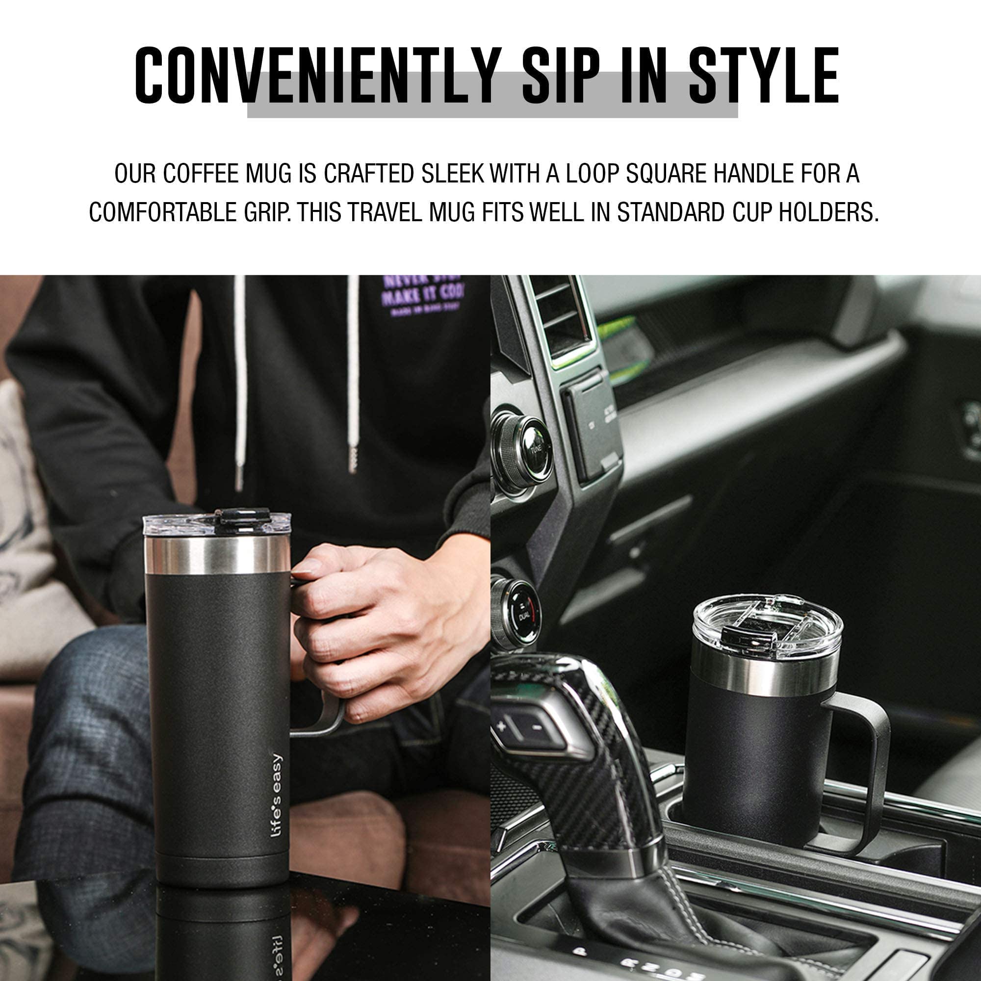 Life's Easy 20oz Stainless Steel Mug w/Handle - Double Wall Insulated Travel Tumbler w/Flip Lid - Leak Proof Tumbler - Thermal Cup for Coffee, Tea, Water & More - Keep Hot & Cold Drinks (Black)