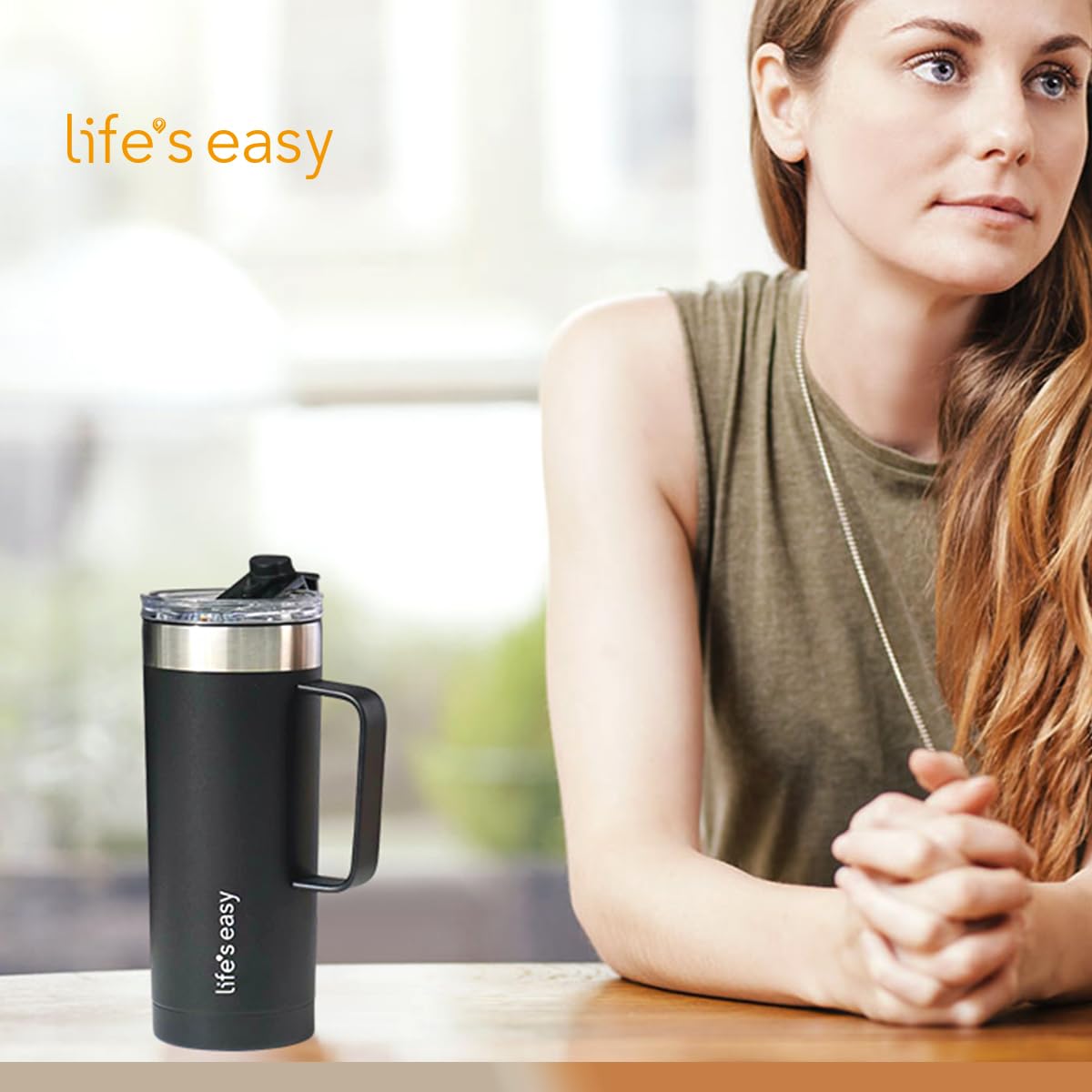 Life's Easy 20oz Stainless Steel Mug w/Handle - Double Wall Insulated Travel Tumbler w/Flip Lid - Leak Proof Tumbler - Thermal Cup for Coffee, Tea, Water & More - Keep Hot & Cold Drinks (Black)